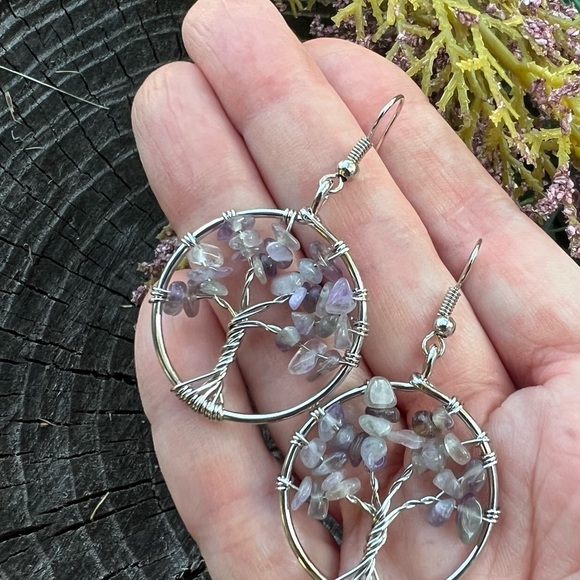 Tree Of Life earrings Amethyst earrings Purple Earrings Hoops Stone Dangle Boho - Picture 9 of 13